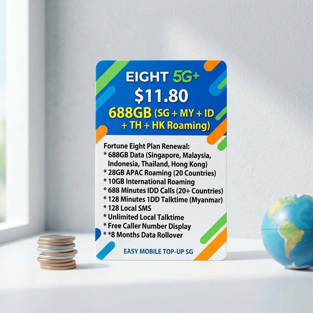 Eight 5G+ $11.80 688GB (SG + MY + ID + TH + HK Roaming) Fortune Eight Plan Renewal