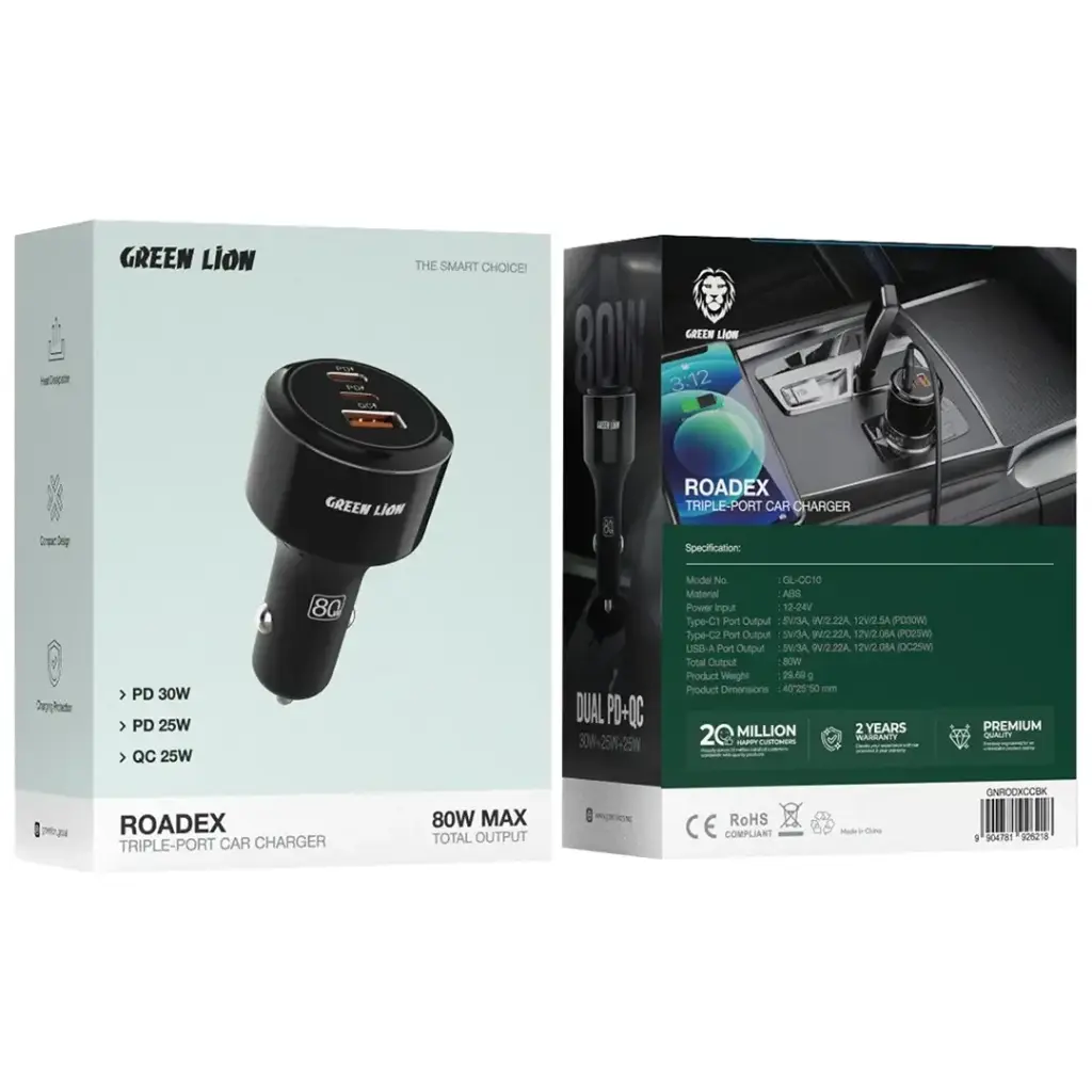 Green Lion Roadex Triple Port Car Charger 80W C to C 1m Cable_1