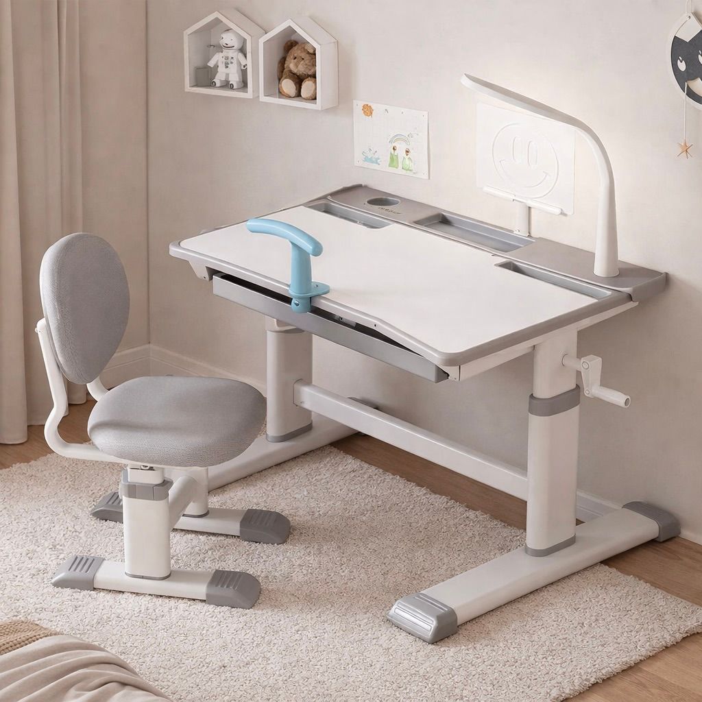 Ergonomic Kids Desk and Chair Set with Book Stand and LED Light