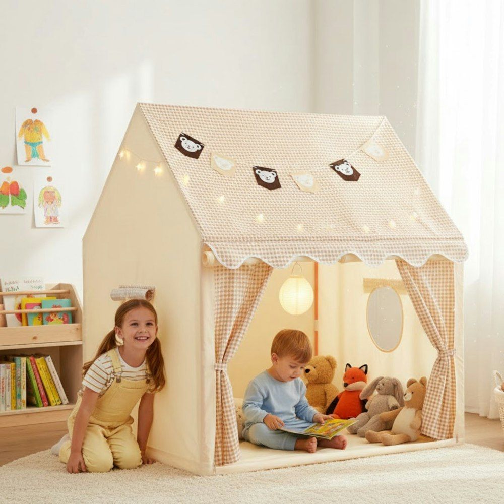 Kids Indoor Play Tent House with LED String Lights