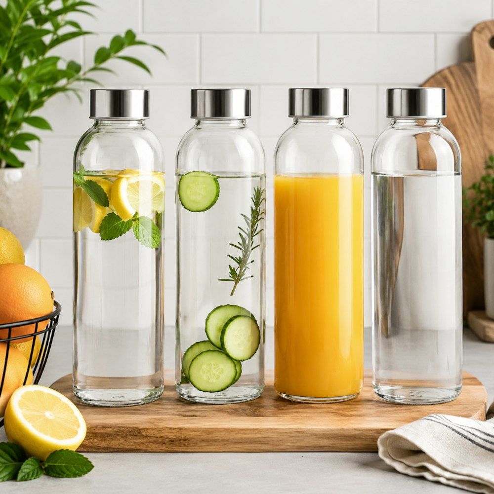 4x Leak-Proof Glass Bottles with Metal Lids