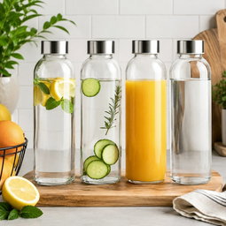4x Leak-Proof Glass Bottles with Metal Lids