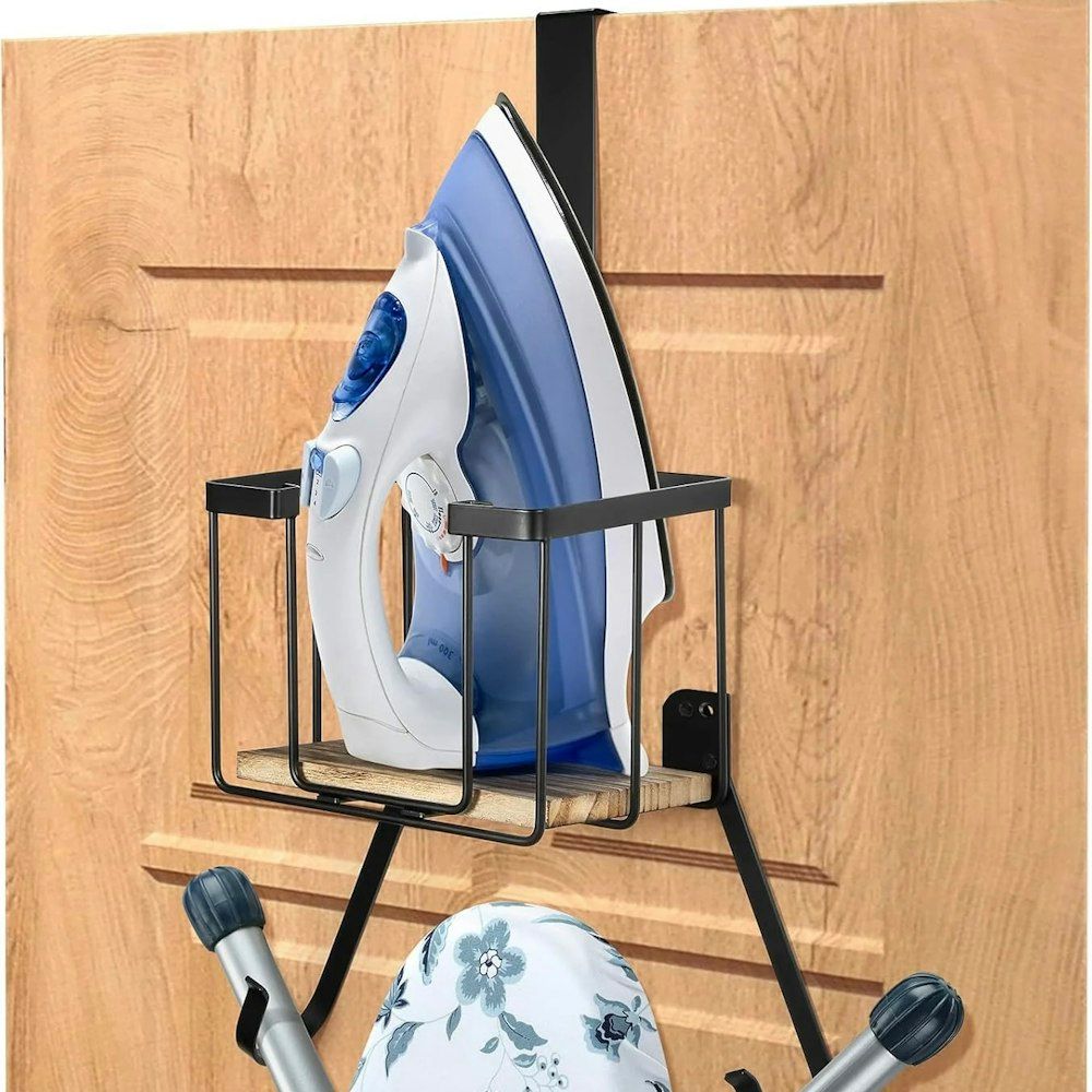 Over-the-Door Iron and Board Holder with Storage Basket