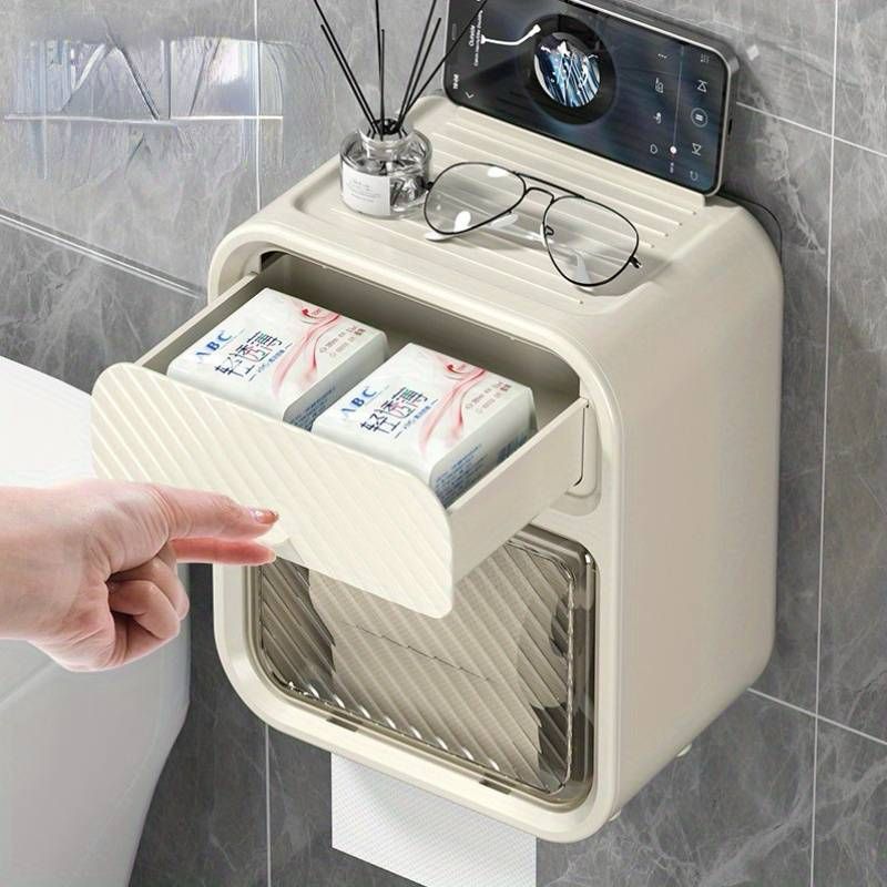 A wall-mounted bathroom organizer and toilet paper dispenser