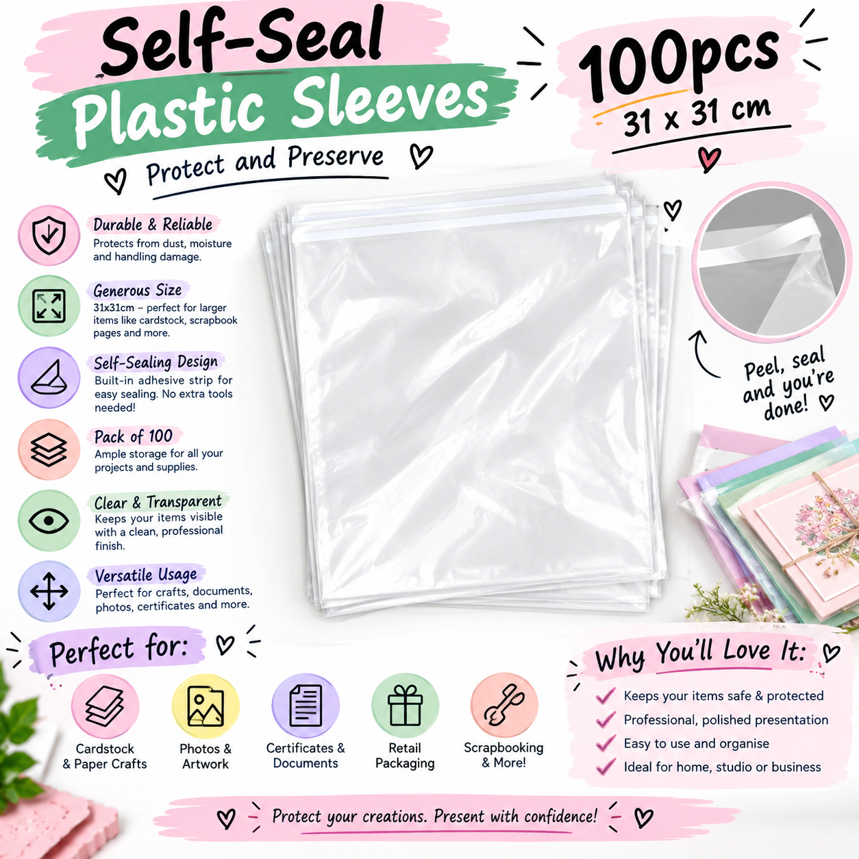 Self-Seal Plastic Sleeves – 100pcs_0
