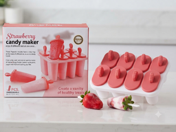 8-Cavity Strawberry Popsicle & Ice Candy Maker Mould with Drip Tray (Unbreakable Material)