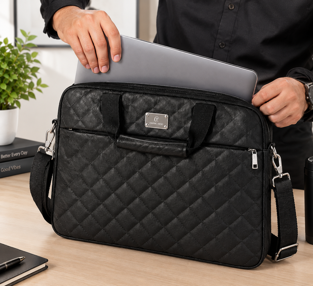 Waterproof PU Leather Laptop Bag β Quilted Briefcase with Shoulder Strap (Black Color)