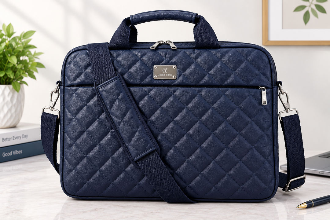 Waterproof PU Leather Laptop Bag β Quilted Briefcase with Shoulder Strap (Blue Color)