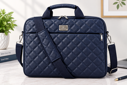 Waterproof PU Leather Laptop Bag – Quilted Briefcase with Shoulder Strap (Blue Color)