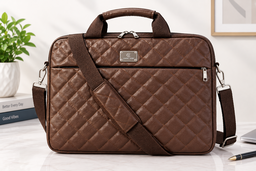 Waterproof PU Leather Laptop Bag – Quilted Briefcase with Shoulder Strap (Brown Color)