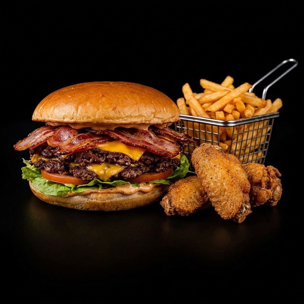 Bacon burger + 3 wings + fries 