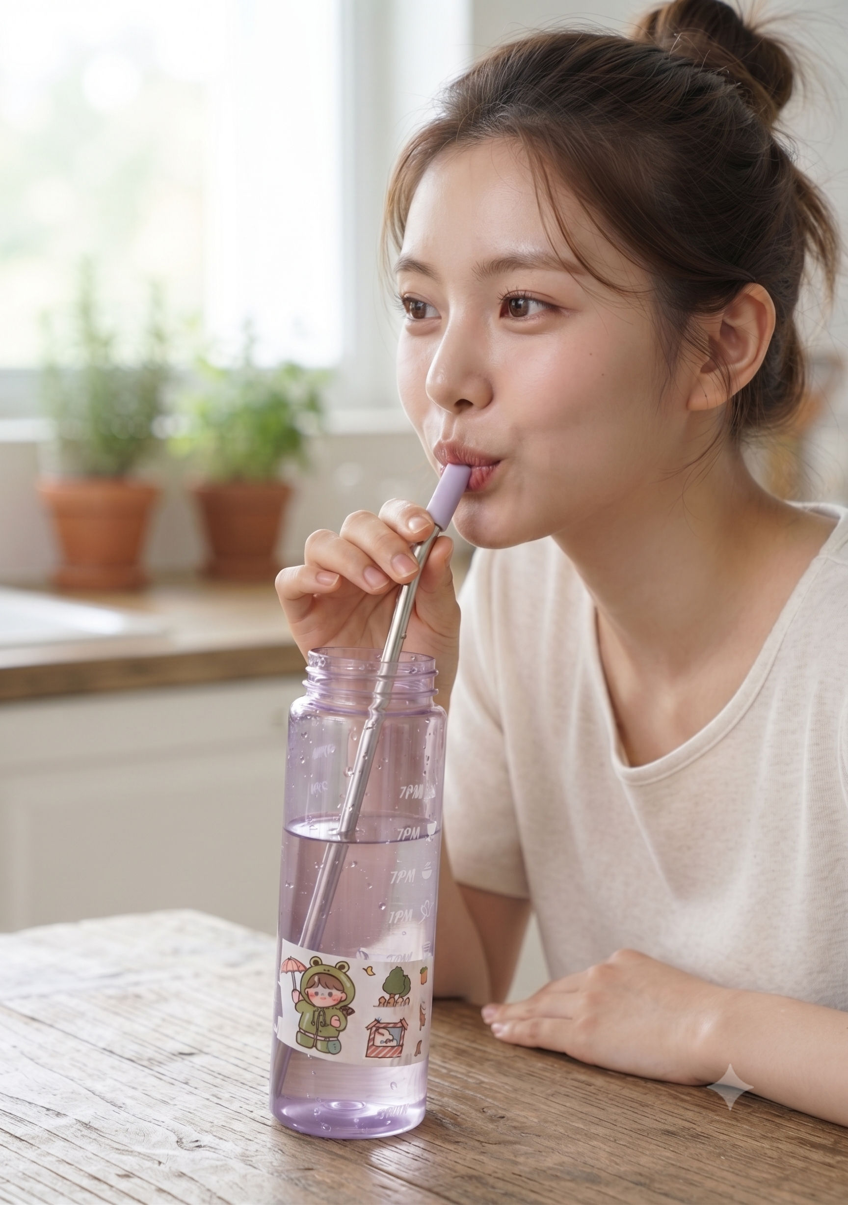 Motivational Time Marker Water Bottle (ya Straw Sipper Bottle with Time Scale and Cute Stickers) 1 litre_1