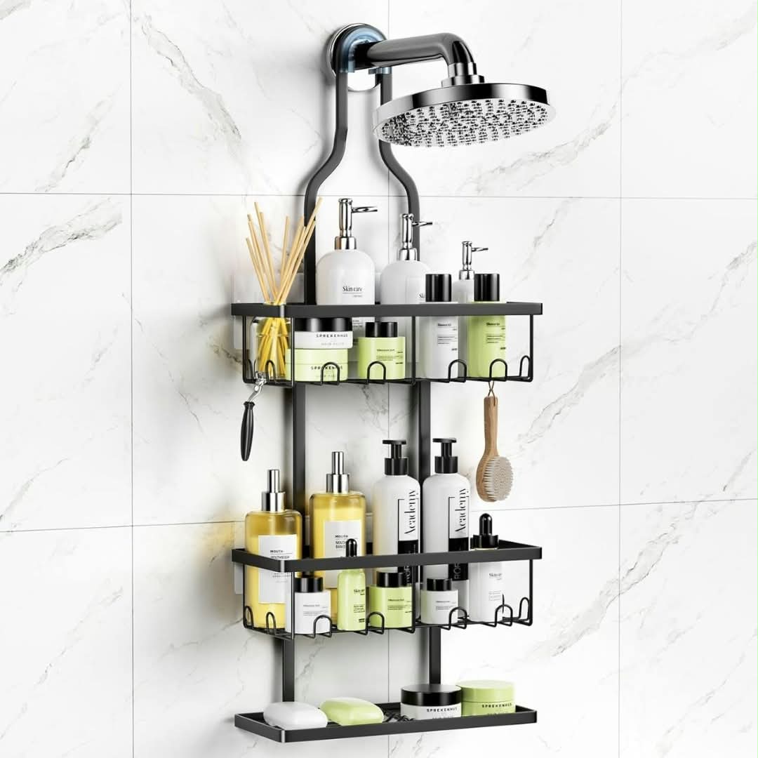 Multi-tiered black metal hanging shower caddy