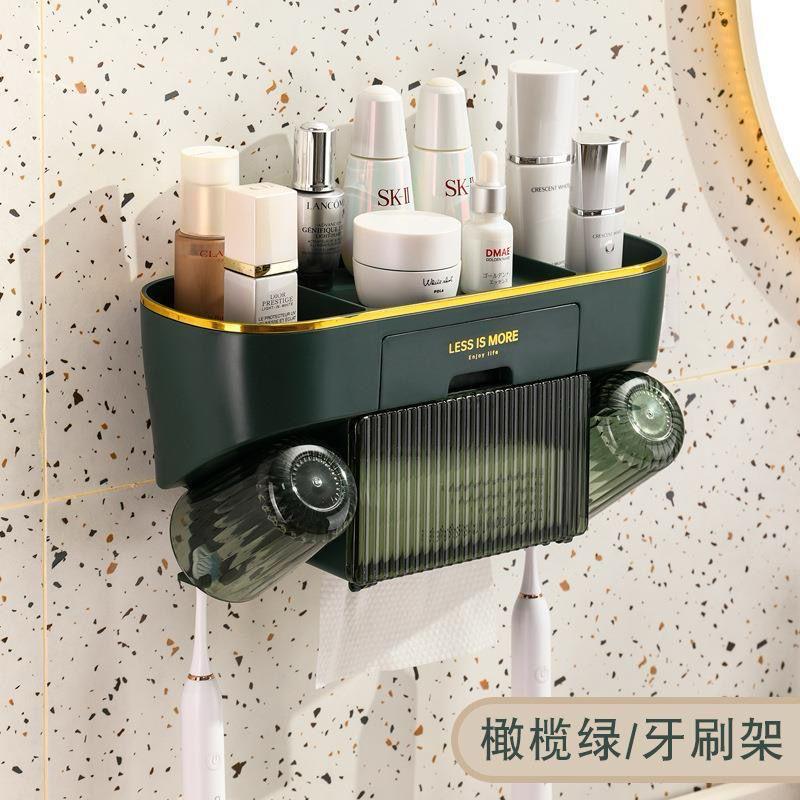 A wall-mounted bathroom organizer