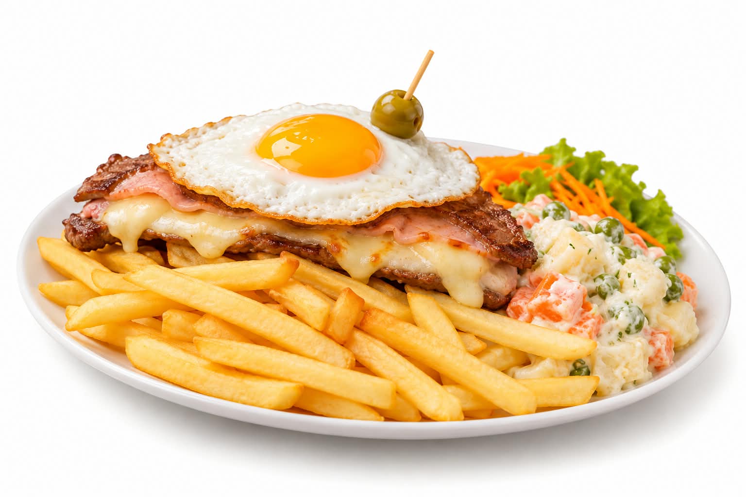 Chivito al plato x1 con fritas, rusa y mixta
