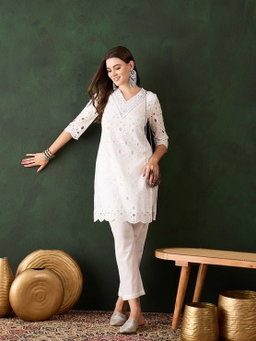 White Cotton Schiffli Embroidery Kurta Set