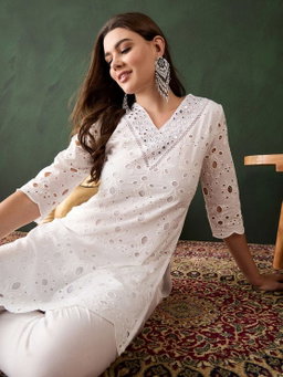 White Cotton Schiffli Embroidery Kurta Set