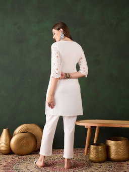 White Cotton Schiffli Embroidery Kurta Set