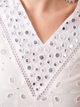 White Cotton Schiffli Embroidery Kurta Set