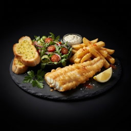 Hake +chips + salad 2 x garlic toasted slices 