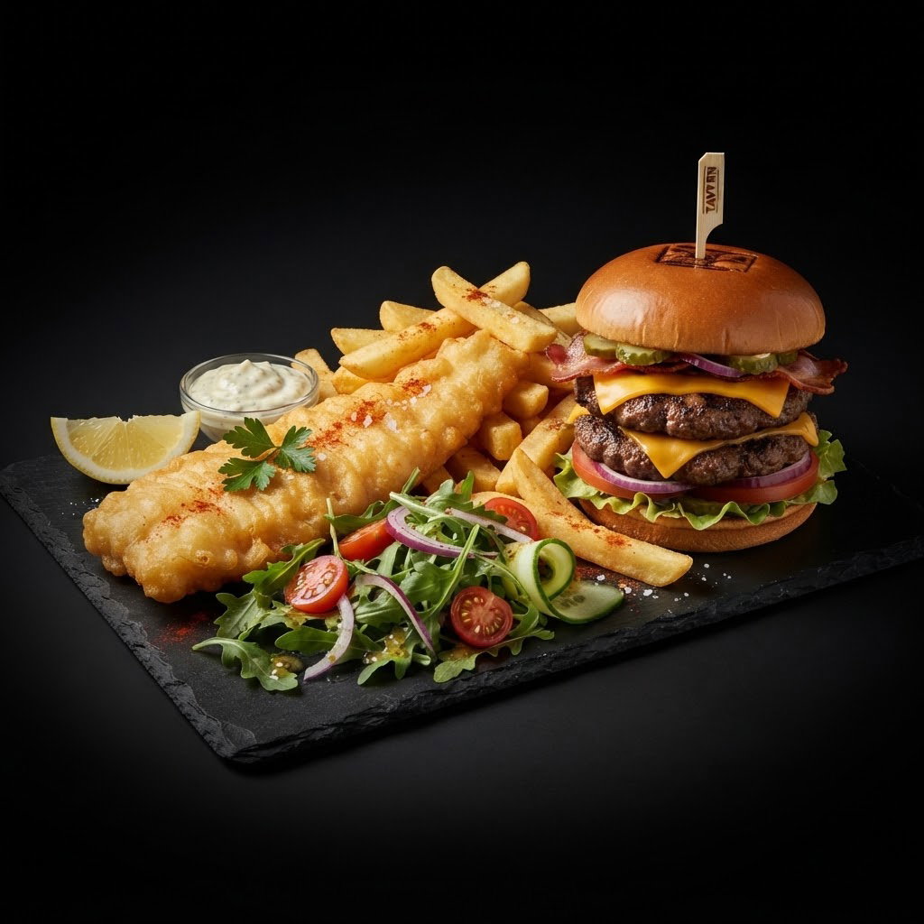 Hake + chips+ salad + classic double burger _0