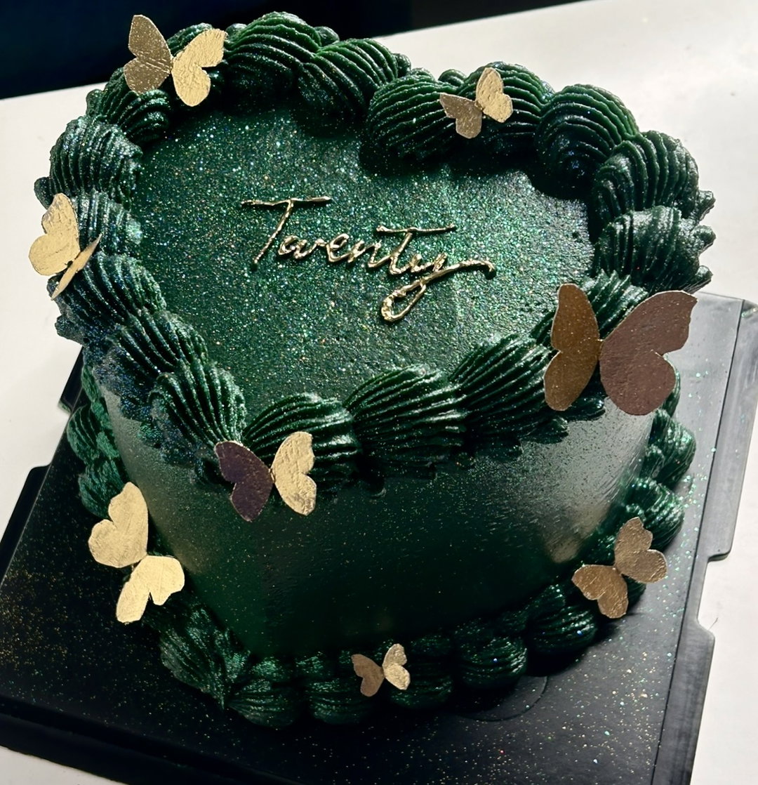 Emerald Glitter Cake with gold butterflies