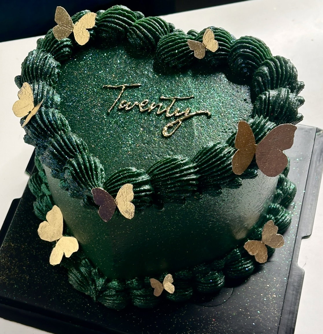 Emerald Glitter Cake with gold butterflies_0