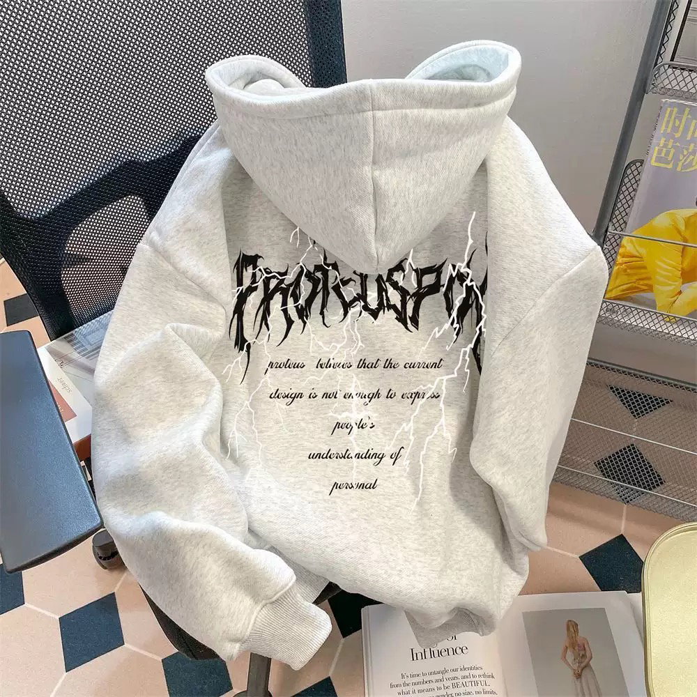 Light Grey Gothic Lightning Graphic Hoodie_0
