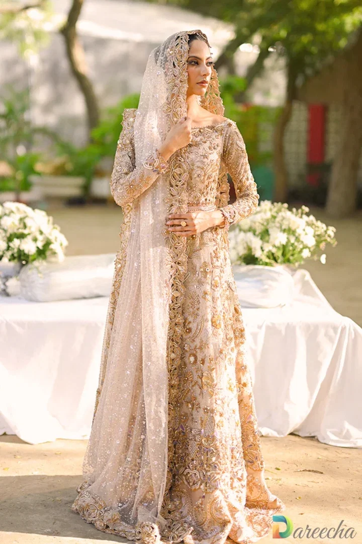 Pale Pink Tulle Peshwas Lehenga Tissue Bridal Set