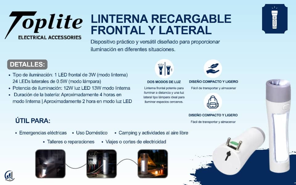Linterna recargable frontal y lateral Toplite