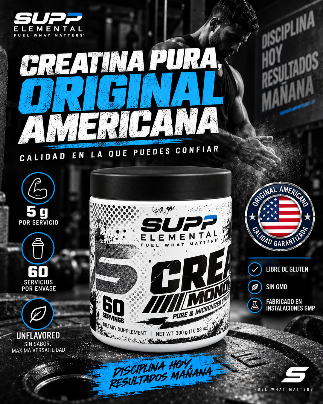 CREATINA MONOHIDRATADA 100% PURA SUPP ELEMENT 300G 60 SERV