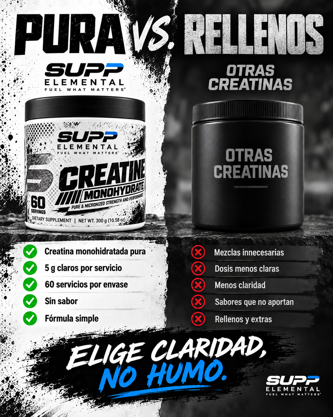 CREATINA MONOHIDRATADA 100% PURA SUPP ELEMENT 300G 60 SERV_1