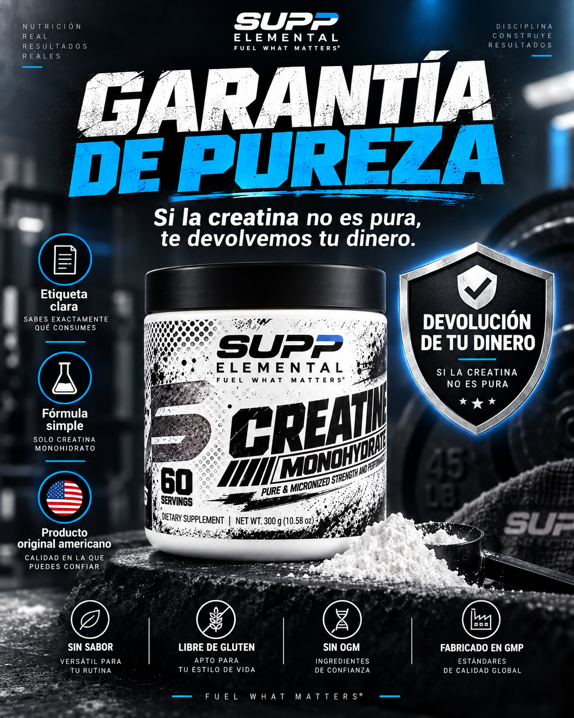 CREATINA MONOHIDRATADA 100% PURA SUPP ELEMENT 300G 60 SERV_2