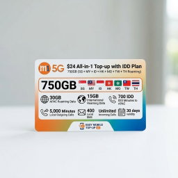 M1 5G $24 750GB (SG + MY + ID + HK + MO + TW + TH Roaming) All-in-1 Top-up with IDD Pla