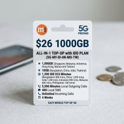 M1 5G $26 1000GB (SG-MY-ID-HK-MO-TW) All-in-1 Top-up with IDD Plan