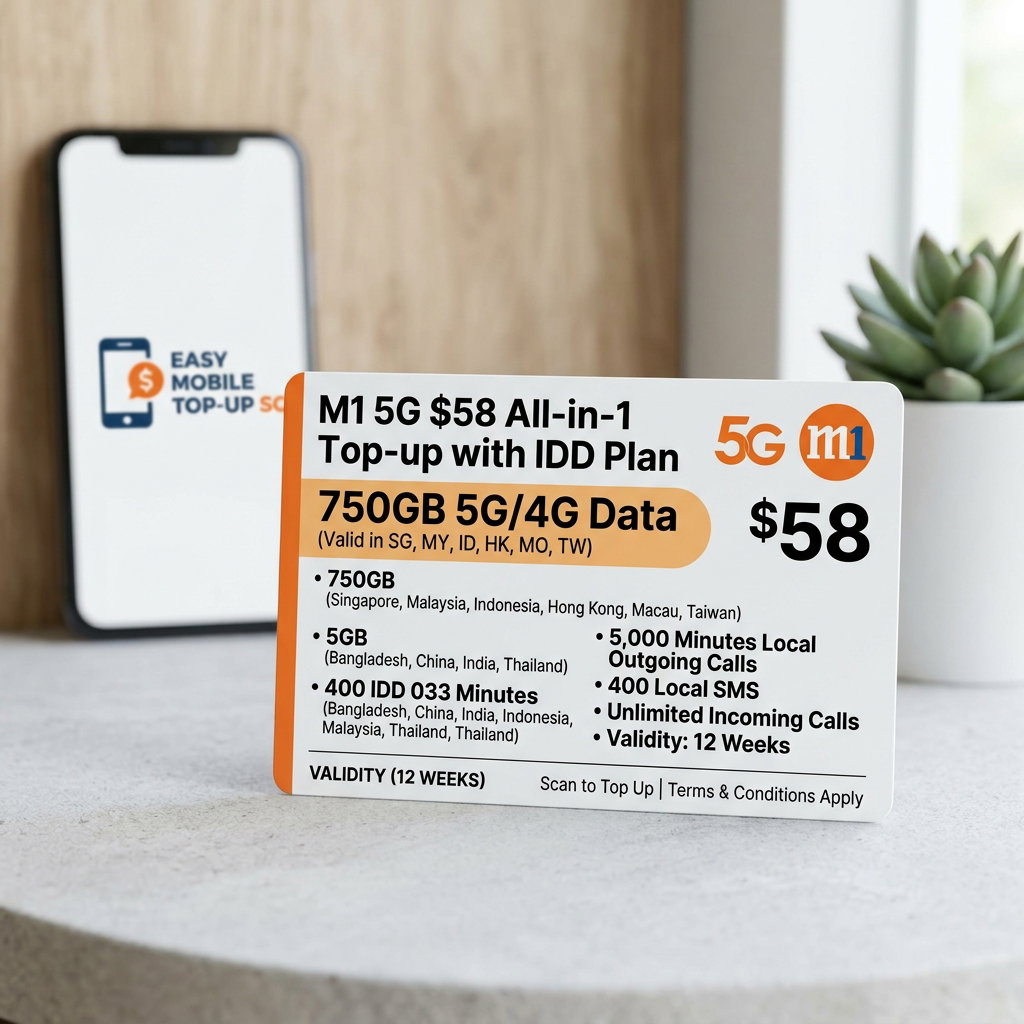 M1 5G $58 750GB (SG-MY-ID-HK-MO-TW) All-in-1 Top-up with IDD Plan