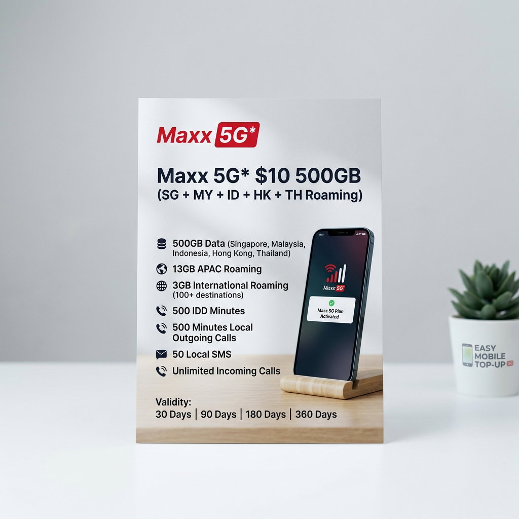 Maxx 5G* $10 500GB (SG + MY + ID + HK + TH Roaming) with IDD Add-on Plan_0