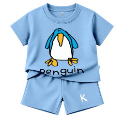 SETELAN PENDEK SERIES DRAWING ANIMAL PENGUIN BLUE