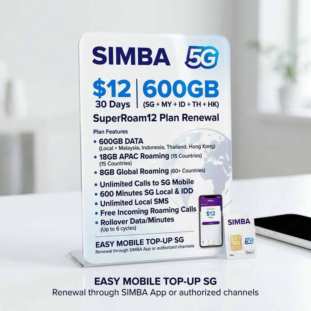 SIMBA 5G $12 600GB (SG + MY + ID + TH + HK) SuperRoam12 Plan Renewal