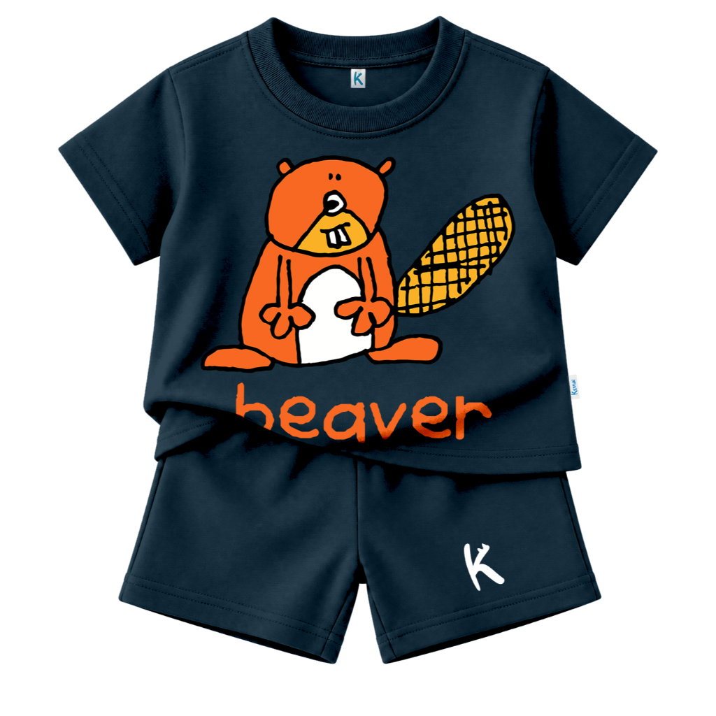 SETELAN PENDEK SERIES DRAWING ANIMAL STAND BEAVER