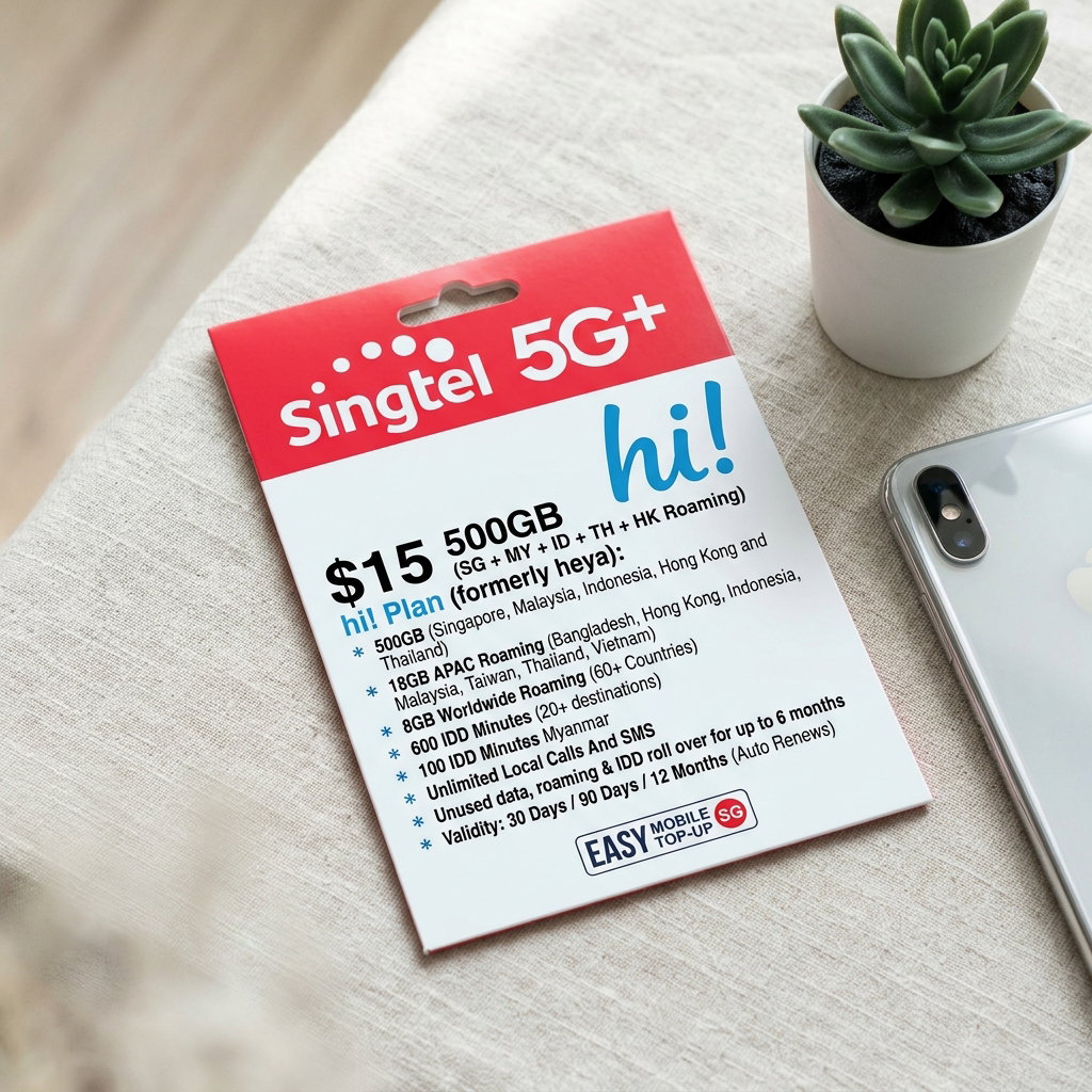 SingTel 5G+ $15 500GB (SG + MY + ID + TH + HK Roaming) hi! Plan (formerly heya)