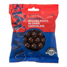 Woolies CHUCKLES Malted Puffs in Dark Chocolate 125 g
