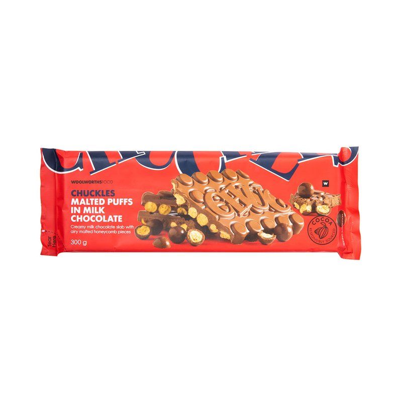 Woolies CHUCKLES Malted Puffs in Milk Chocolate Slab 300 g
