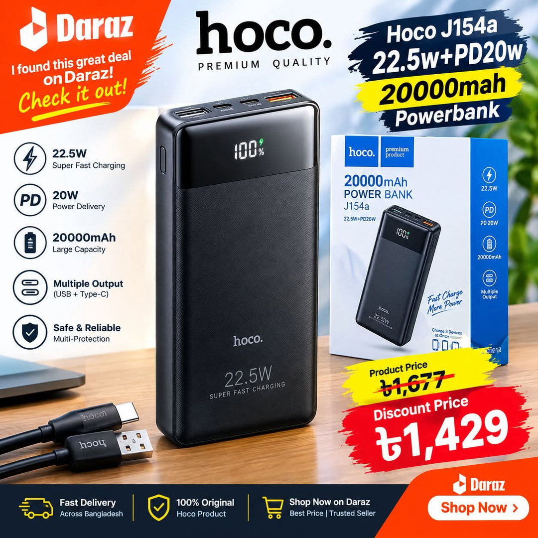 Hoco J154a 22.5W+PD20W 20000mAh পাওয়ার ব্যাংক।