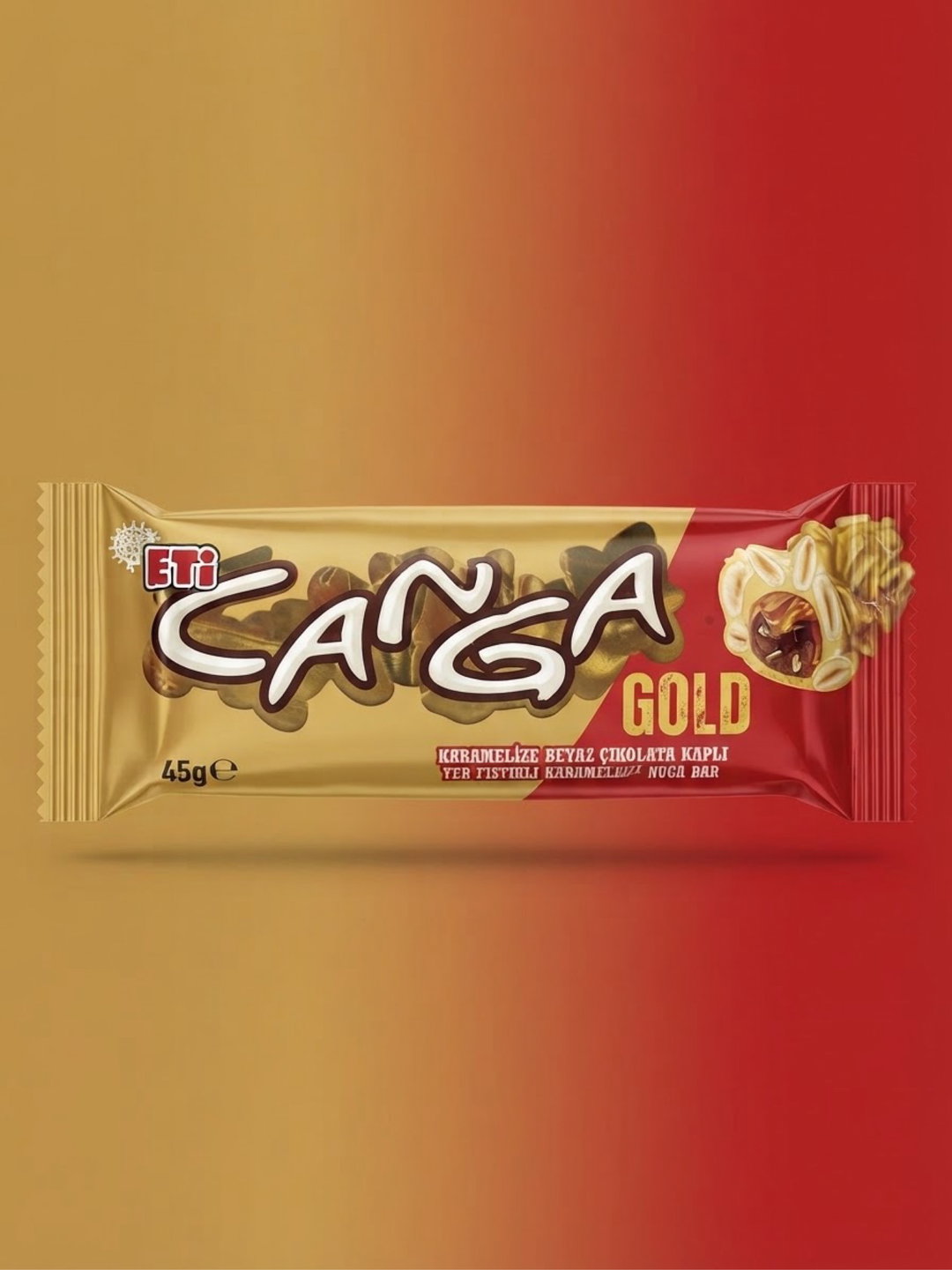 ETİ Canga Gold Karamelize Beyaz Çikolata Kaplı Yer Fıstıklı Karamelli Nuga Bar 45g