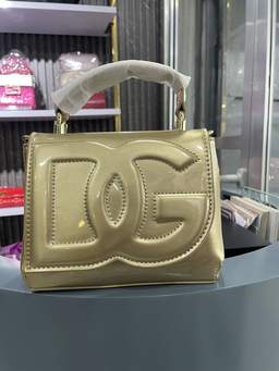 Glossy Sculpted Logo Top-Handle Bag - Beige