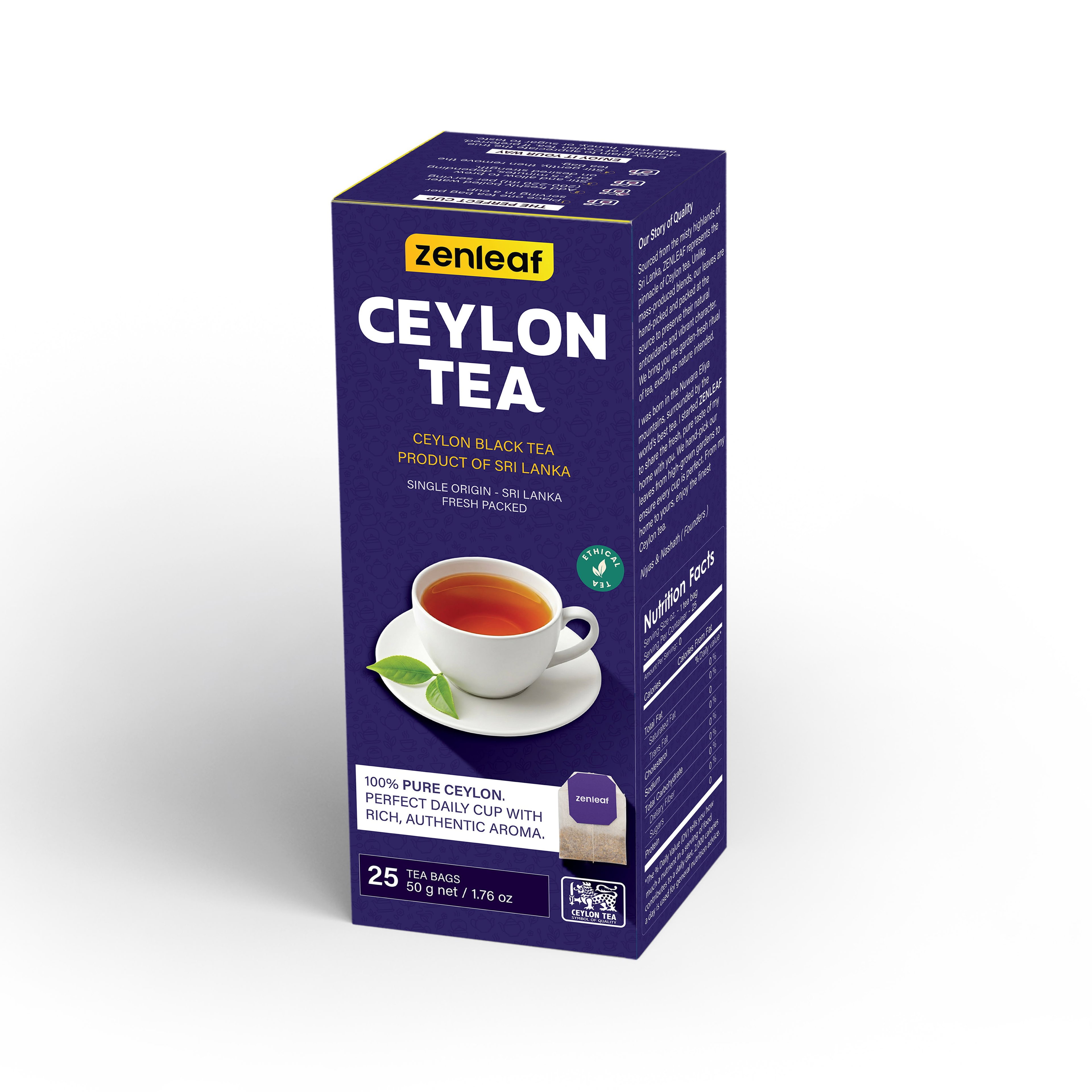 Zenleaf Ceylon Black Tea – 25 Tea Bags | 100% Pure Ceylon Tea/ 100 شاي زينليف السيلاني الأسود – 25 كيس شاي | شاي سيلاني نقي%