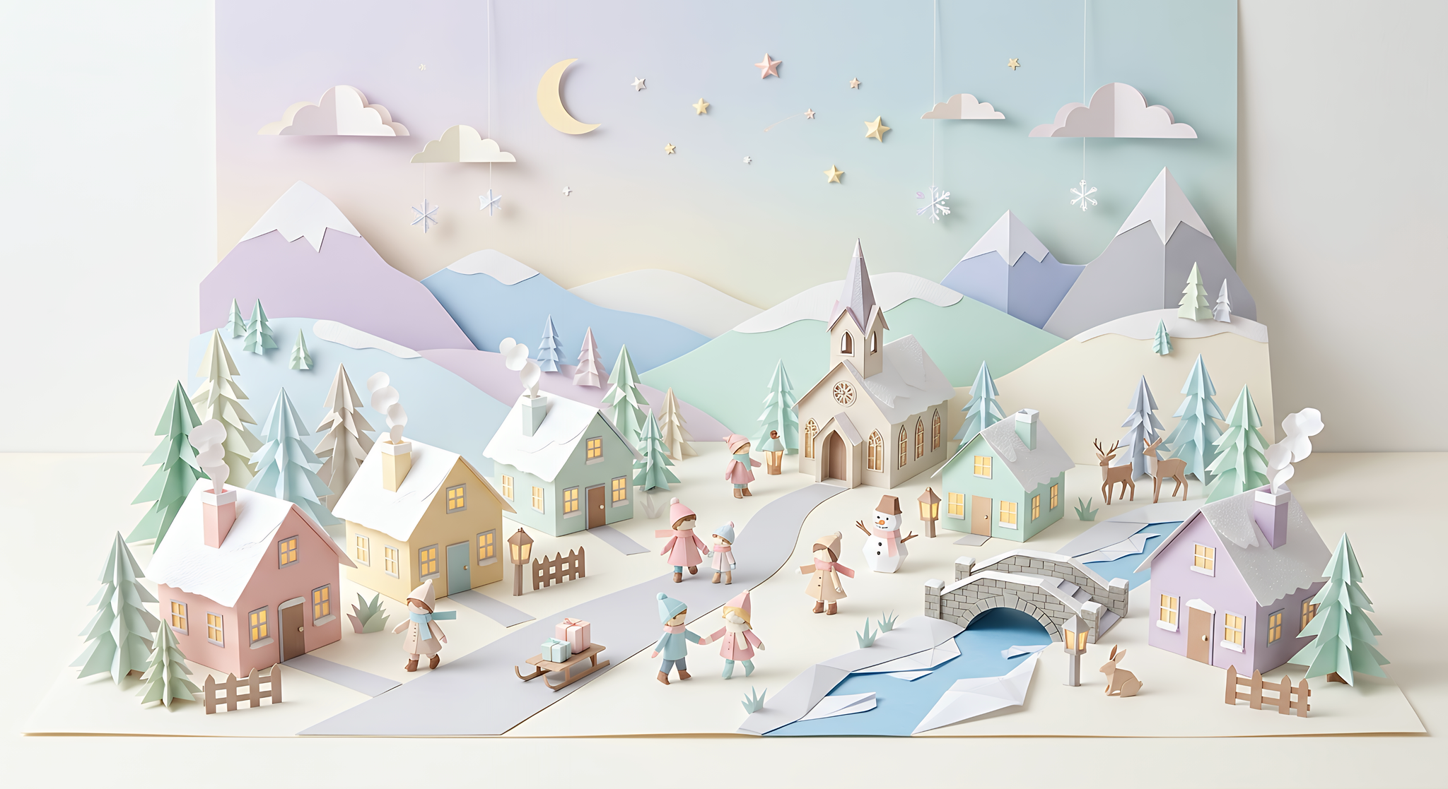 Cozy Pastel Christmas Village - 3D Paper Cut Winter Wonderland Wall Art Print | New Year Holiday Decor_0