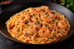 Para llevar✨Pasta Spicy con camarones y tomates secos en salsa cremosa, levemente picante
