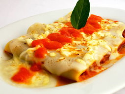 Canelones de pollo con salsa roja